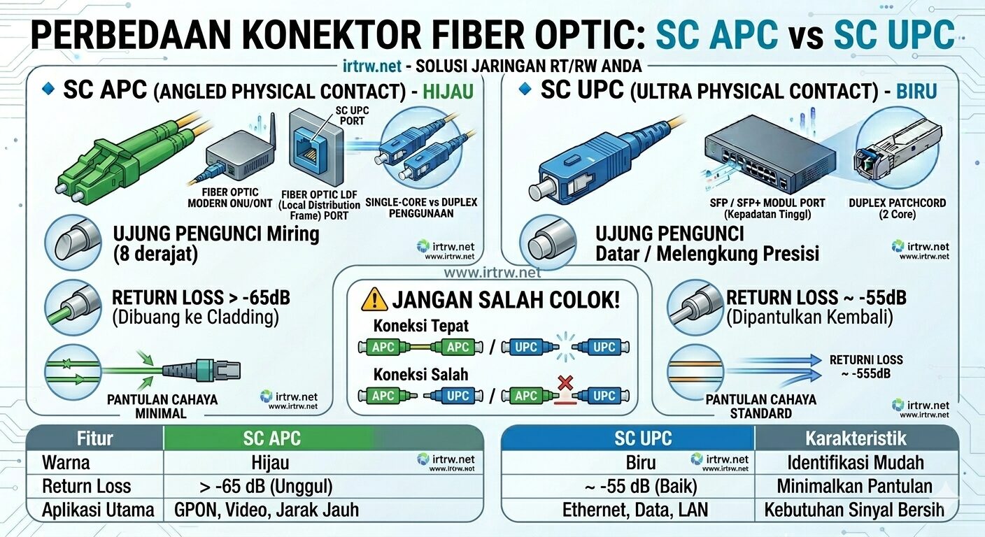 Perbedaan Konektor Fiber Optic SC APC vs UPC (Biru & Hijau)