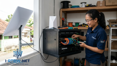 Seorang Teknisi Wanita Mempersiapkan Server Wifi Starlink