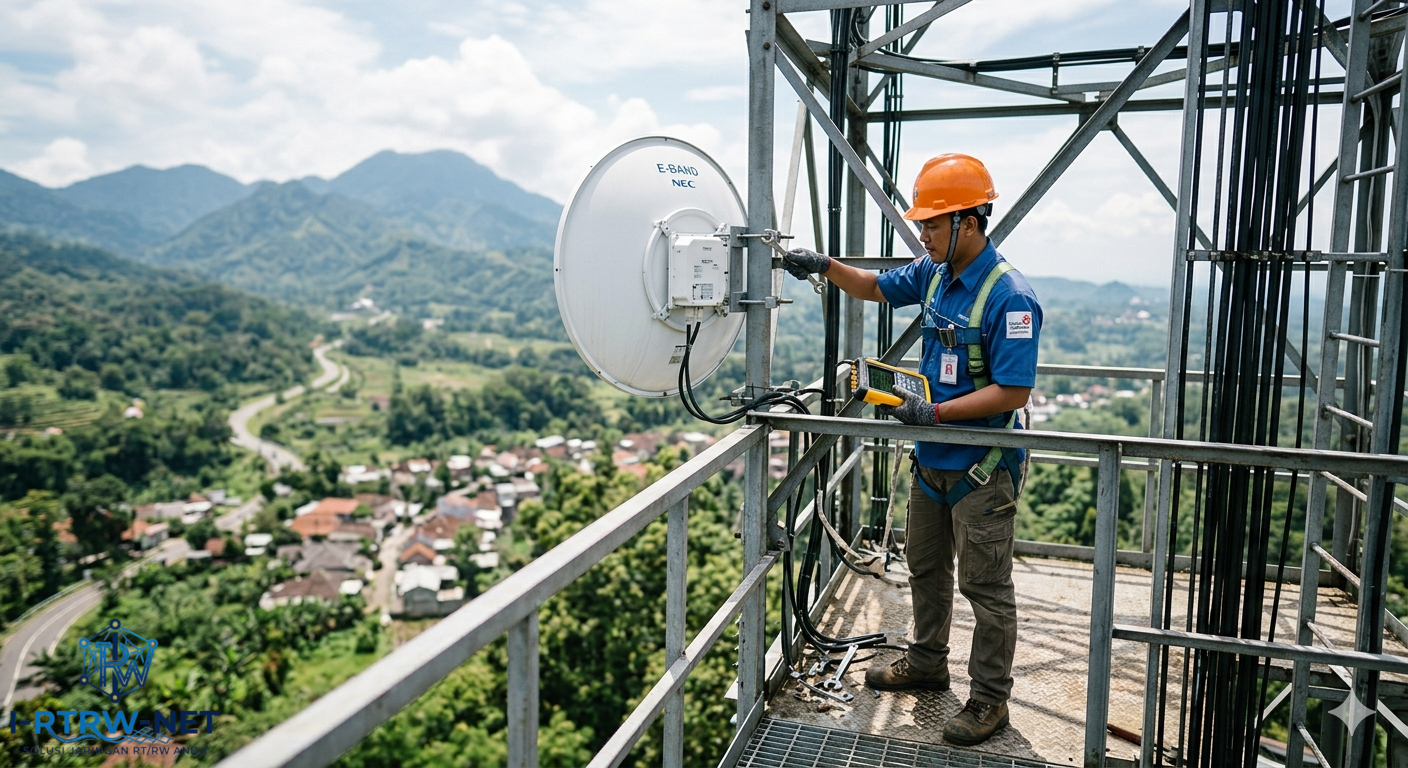 Seorang teknisi melakukan pointing antena microwave