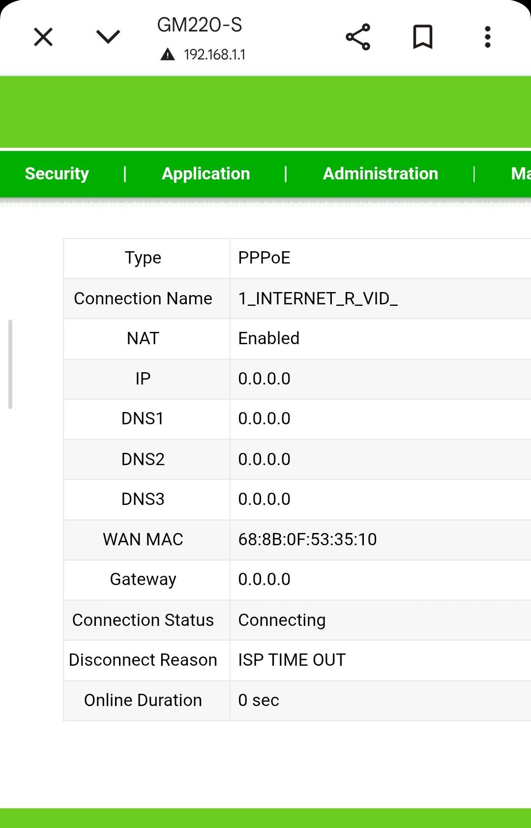 Solusi ONU GM220-S Status "ISP Time Out" Tidak Dapat IP