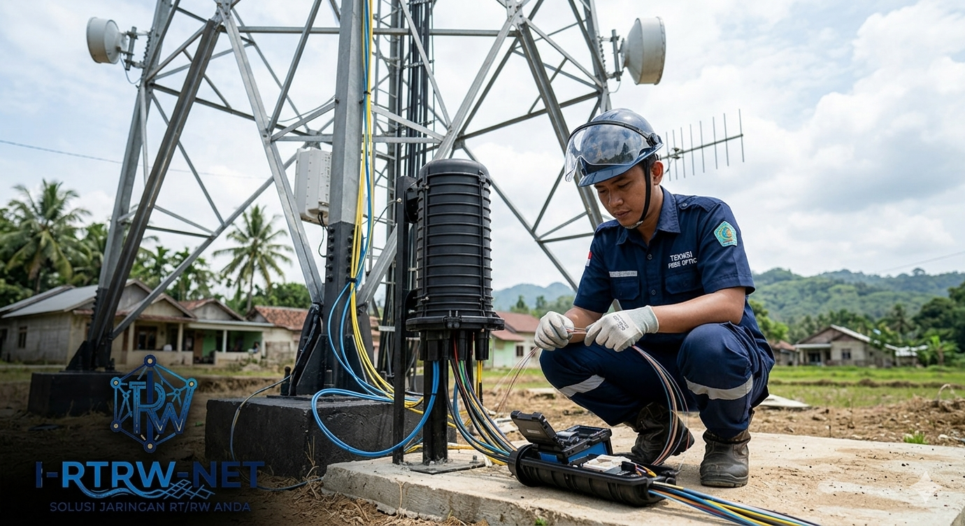 Teknisi Sedang Melakukan instalasi fiber optic di tower GSM