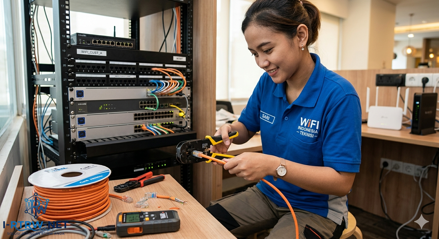 Teknisi Wifi Cantik sedang crimping kabel LAN