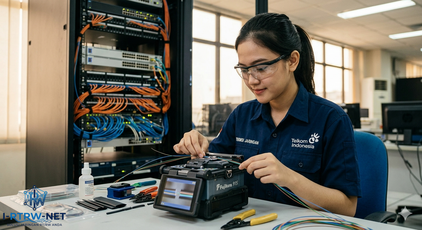 Teknisi wifi cantik sedang splicing kabel fiber optic