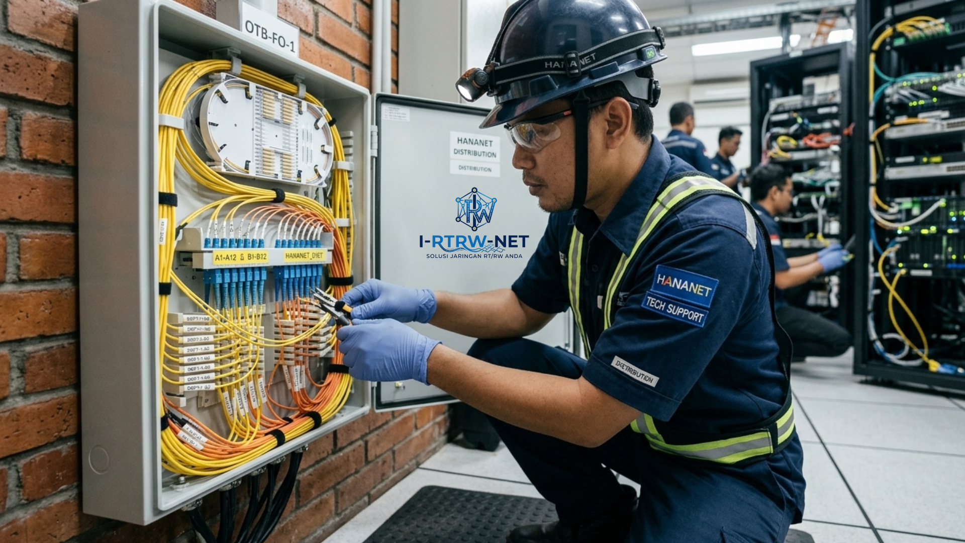 Teknisi wifi merapikan core di otb