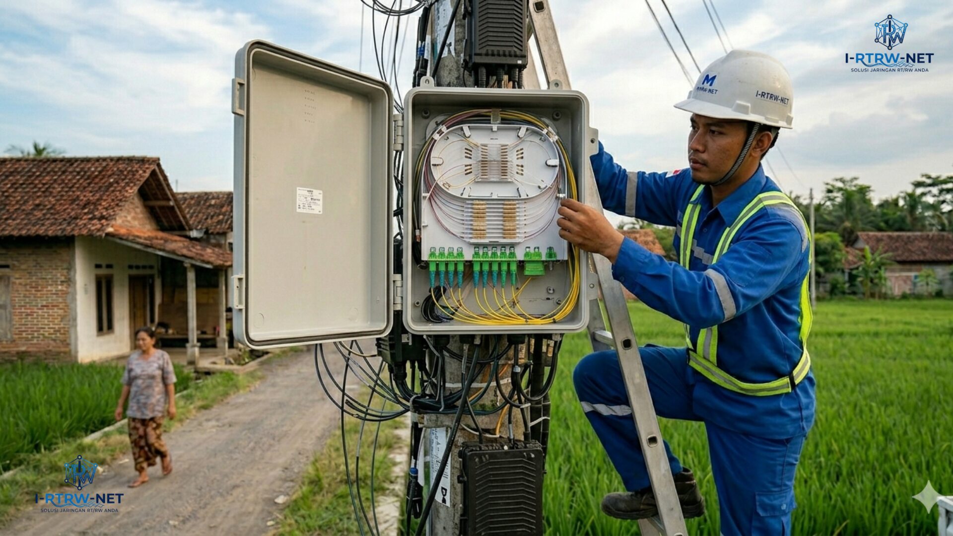 Teknisi wifi sedang instalasi wifi di tiang