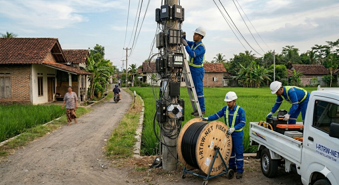 teknisi sedang mempersiapkan instalasi kabel backbone fiber optic