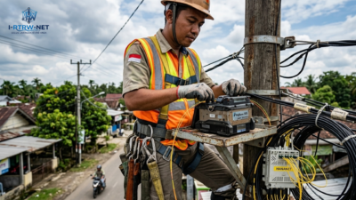 teknisi wifi splicing fiber optic diatas tiang