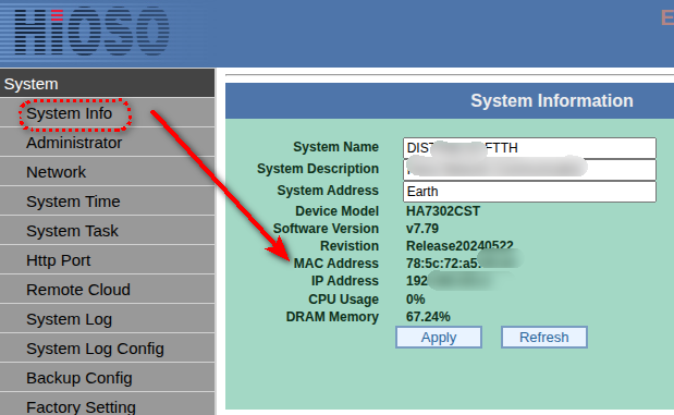 cek mac address OLT HIoso