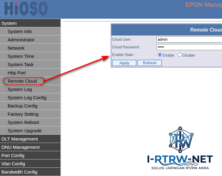 setting remote cloud olt hioso